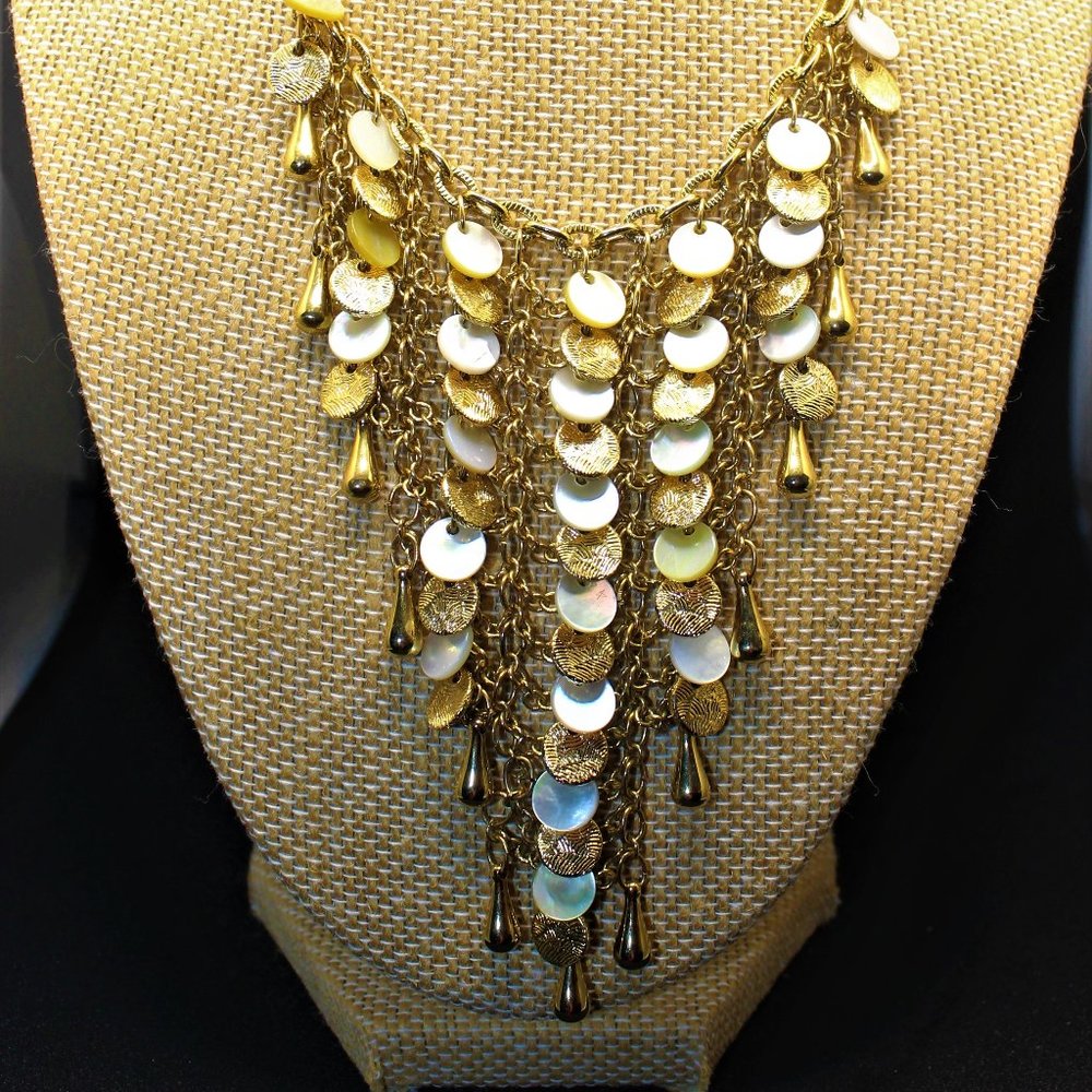 Joan Rivers Shell and Gold Disk Bib Necklace Vintage